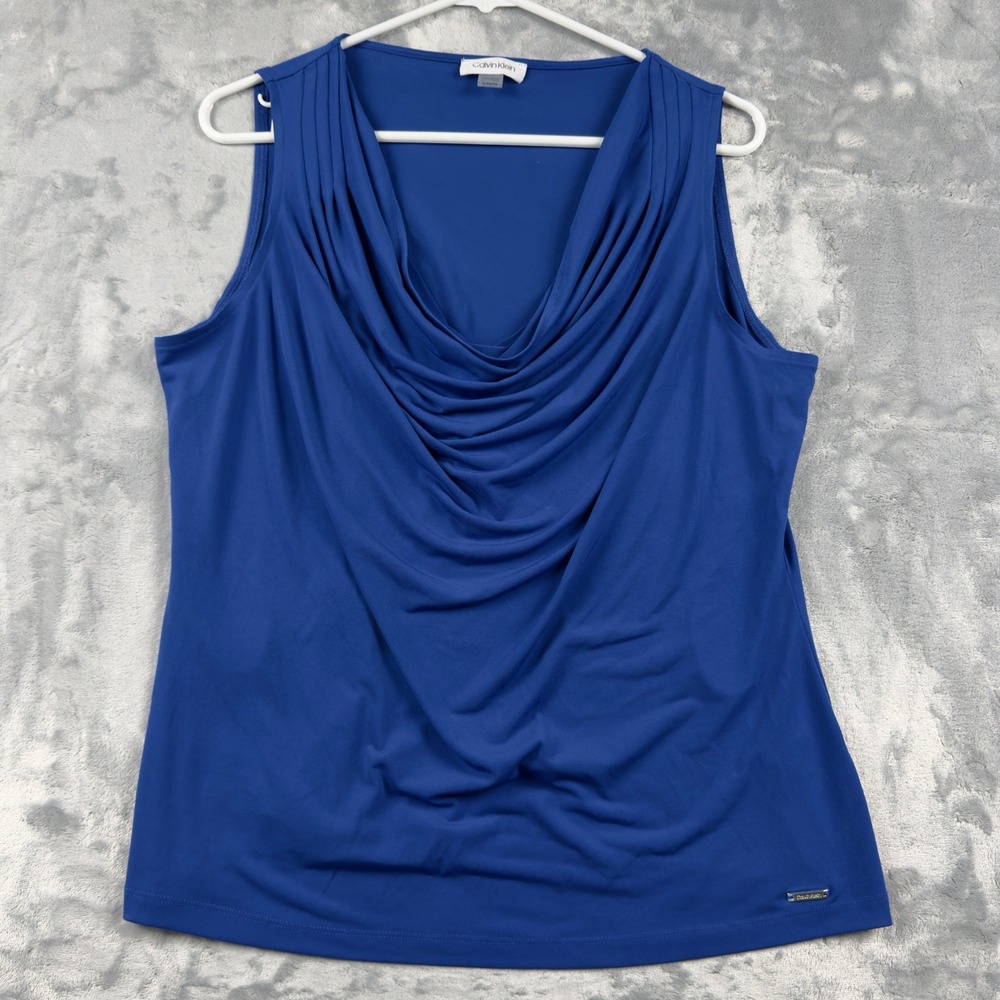 Calvin Klein Womens Royal Blue Cowl Neck Pleated Sleeveless Blouse XL